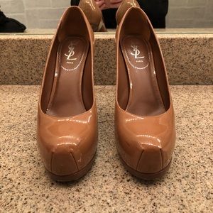 YSL patent leather tan pump